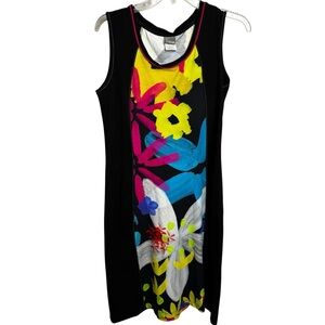 Simply Art by Dolcezza Floral Sleeveless Dress with Black Trim Medium abstract